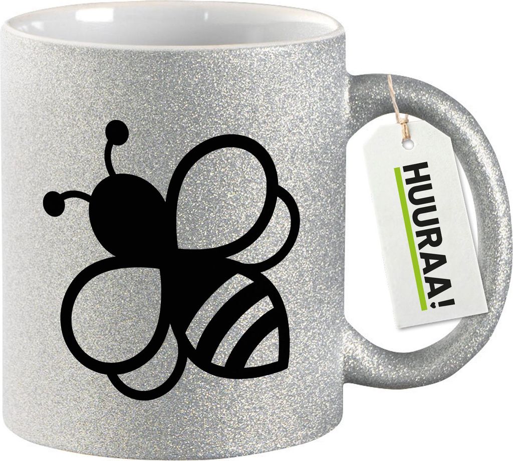 Huuraa Glitzertasse Biene Silhouette 330ml Silber Keramik Kaffeebecher Geschenkidee