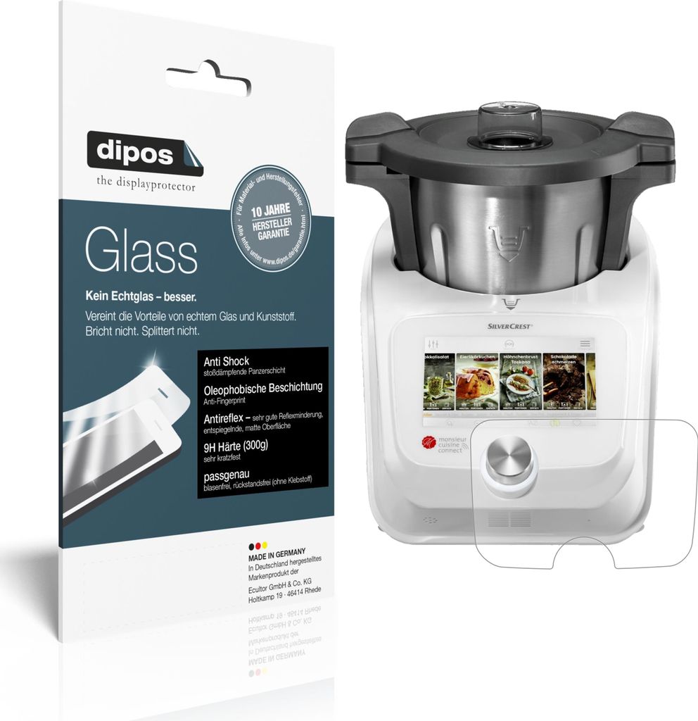 2x Schutzfolie für Monsieur Cuisine Connect matt - Anti-Shock 9H Folie dipos Glass Kunststoffglas
