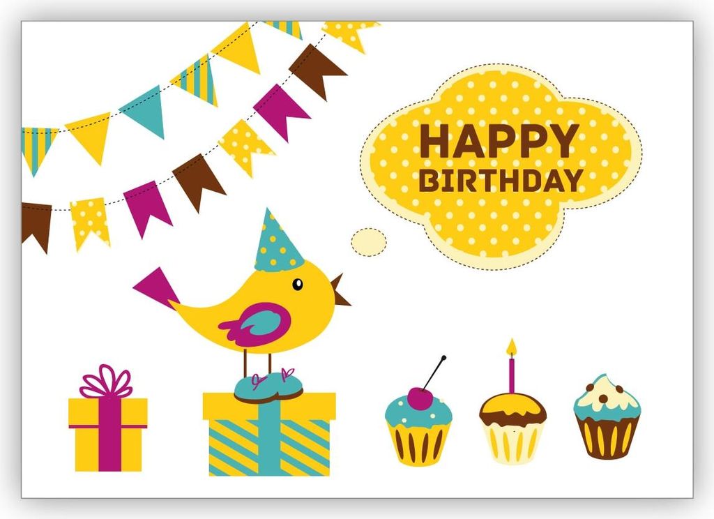 Süße Geburtstagskarte mit kleinem Party Vögelchen und Törtchen: Happy Birthday