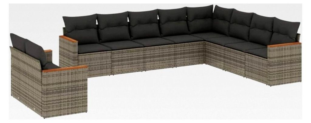 10-teiliges Garten-Sofagarnitur mit Kissen Grau Poly Rattan, Lounge Gartenmöbel Set, Balkonmöbel, Gartenlounge, Gartensofa