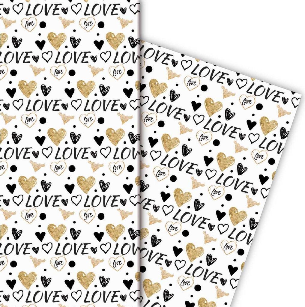 Romantisches Liebes Geschenkpapier mit Herzen, schwarz, weiß - G4840, 32 x 48cm
