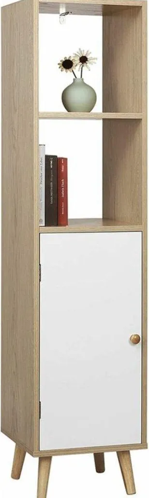 Bibliothèque avec Porte en MDF Blanc et Chêne 4 Étagères Gain de Place