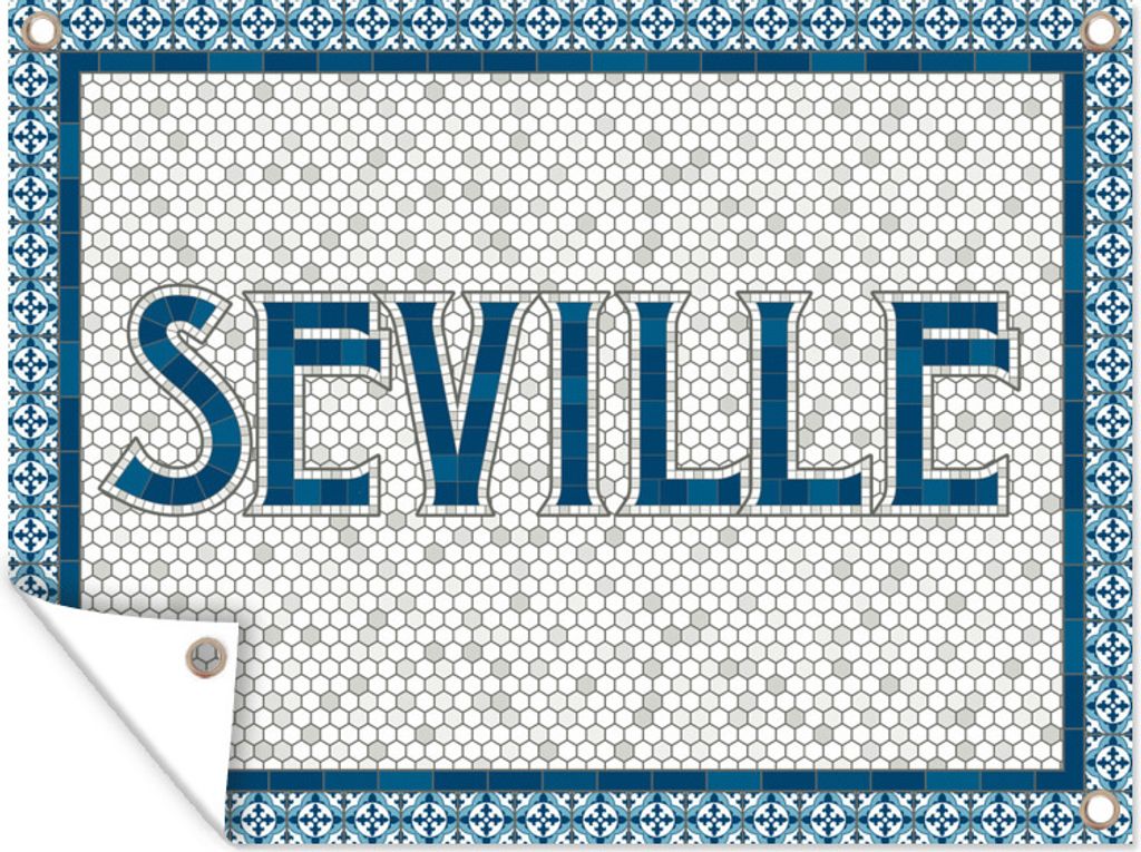 MuchoWow 40x30 cm Outdoor-Poster Gartendeko Sichtschutz Garten Poster für den Garten Illustration des Stadtnamens des spanischen Sevilla in bla...