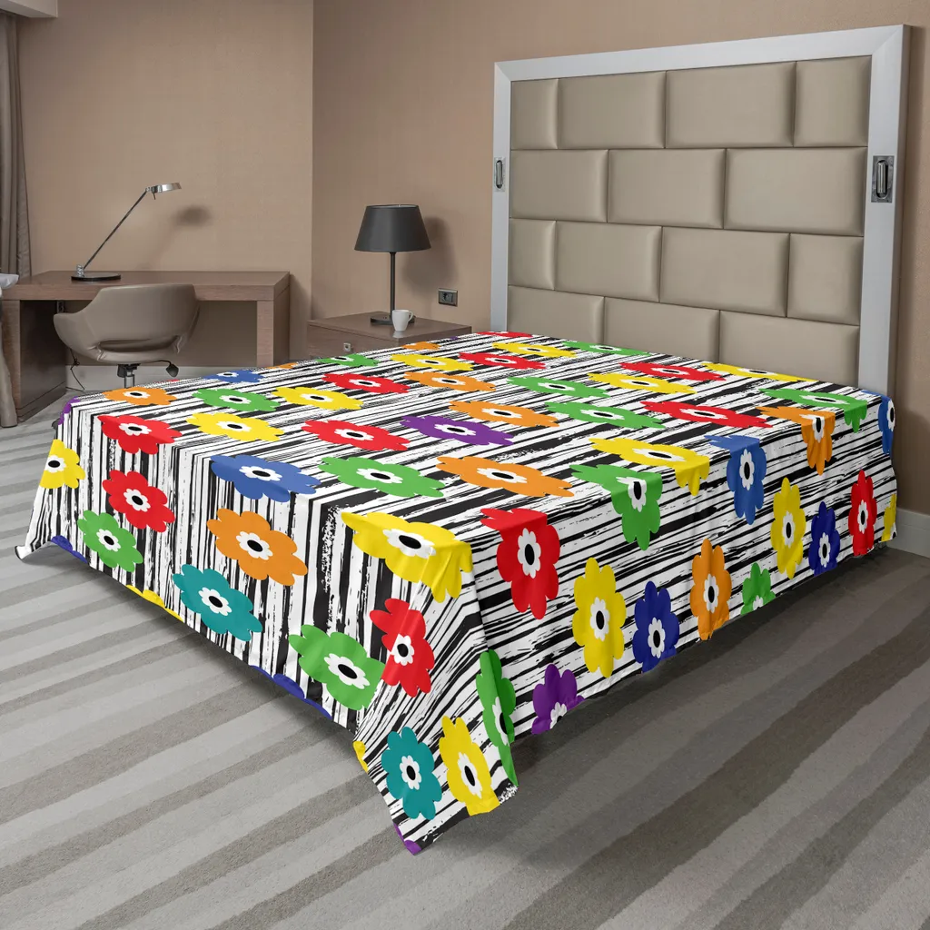 Drap de dessus doux motif fleurs et rayures 244x205cm pour grand lit