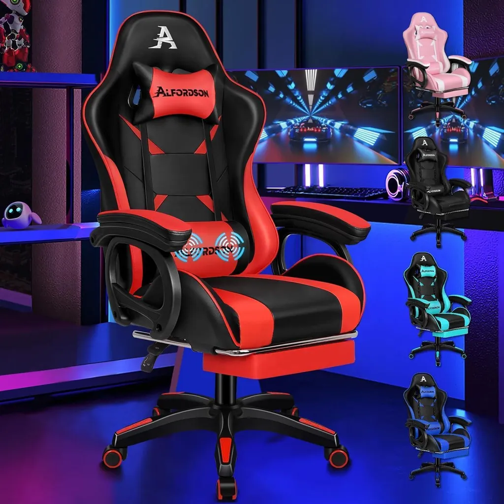 Fauteuil de bureau ergonomique gaming rouge avec massage et repose-pieds