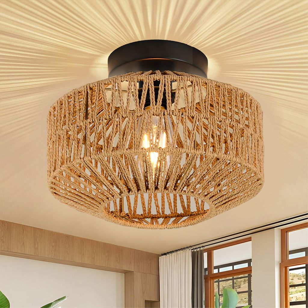 Deckenleuchte Rattan Deckenlampe Wohnzimmer Schlafzimmer, Boho Lampe Decke  Flurlampe Hängend Mit Rattan Lampenschirm Küche Flur Esstisch Lampe, E20