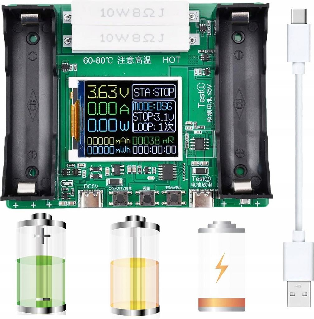 LCD-Batteriekapazitäts- und Widerstandstester für 18650 USB-C-Zellen