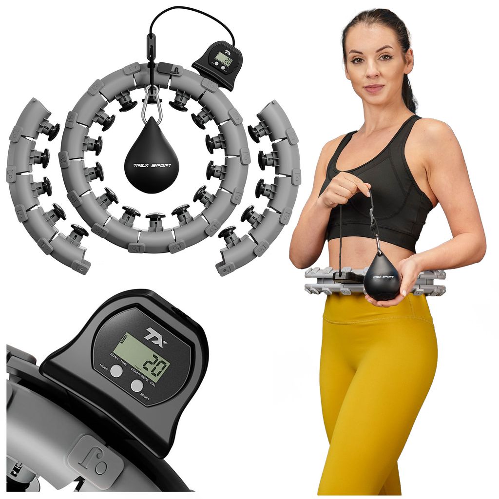 TREX SPORT Smart Hula Hoop Reifen mit Zähler TX-020CHH | Fitnessreifen mit LCD Display, 400g Gewicht, 24 Segmente, 360° Massage mit Noppen | Grau