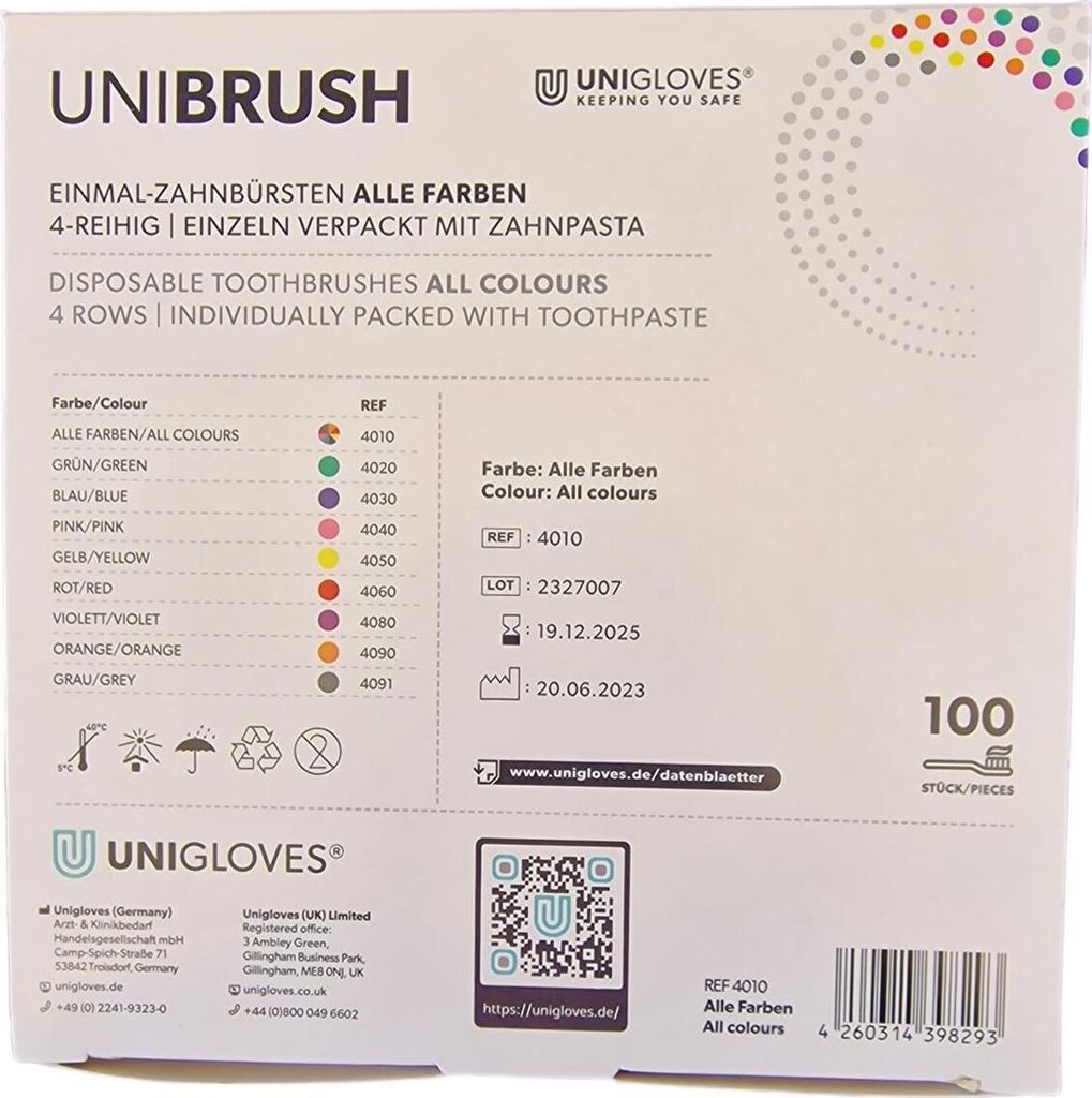 Unibrush Einmalzahnbürsten mit Zahnpasta bunt gemischt 100 Produktbild 