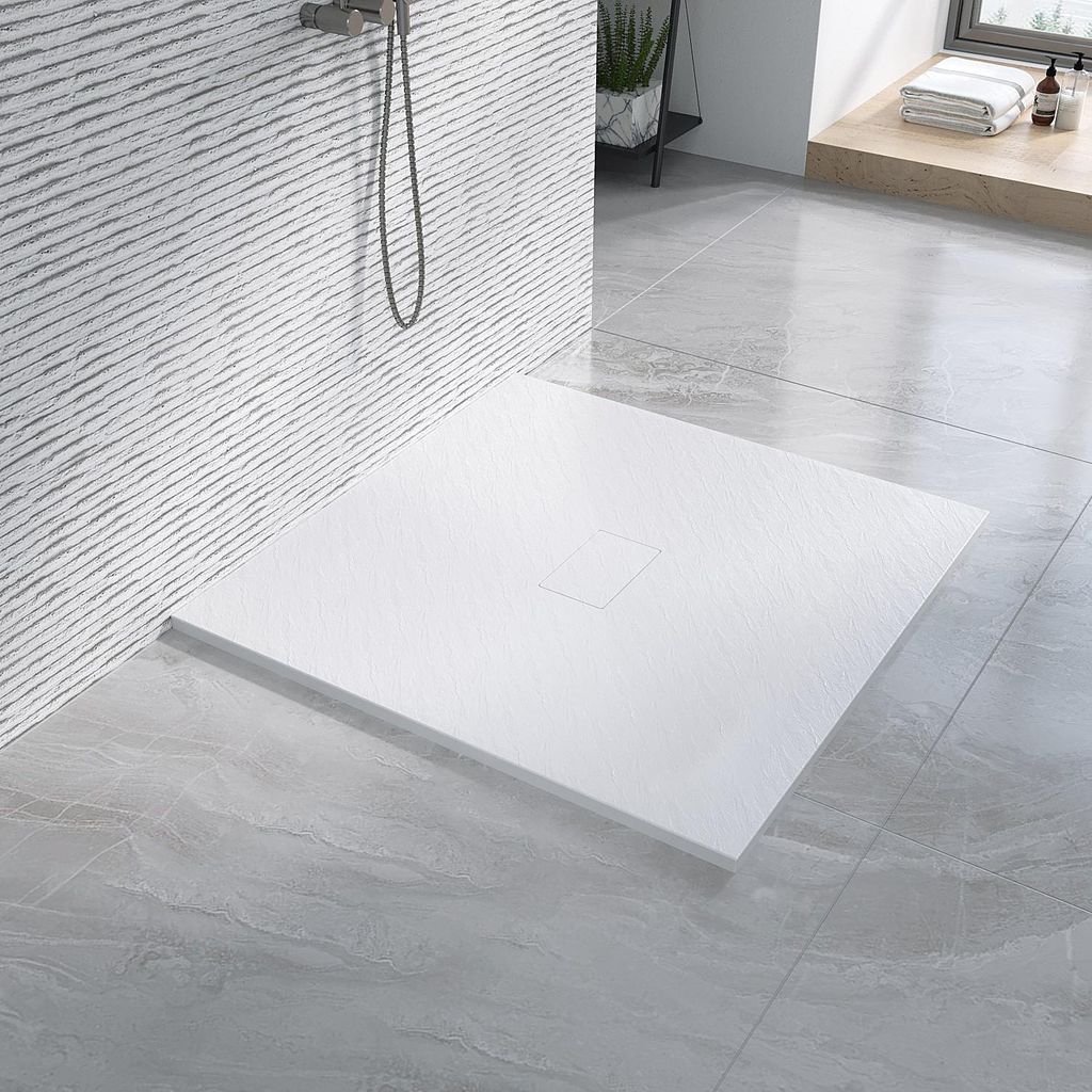 AQUABATOS Duschwanne 100x100 cm – weiße rutschfeste Duschtasse, 2,6 cm hoch, SMC-Glasfaser mit Steinoptik, zuschneidbares Design