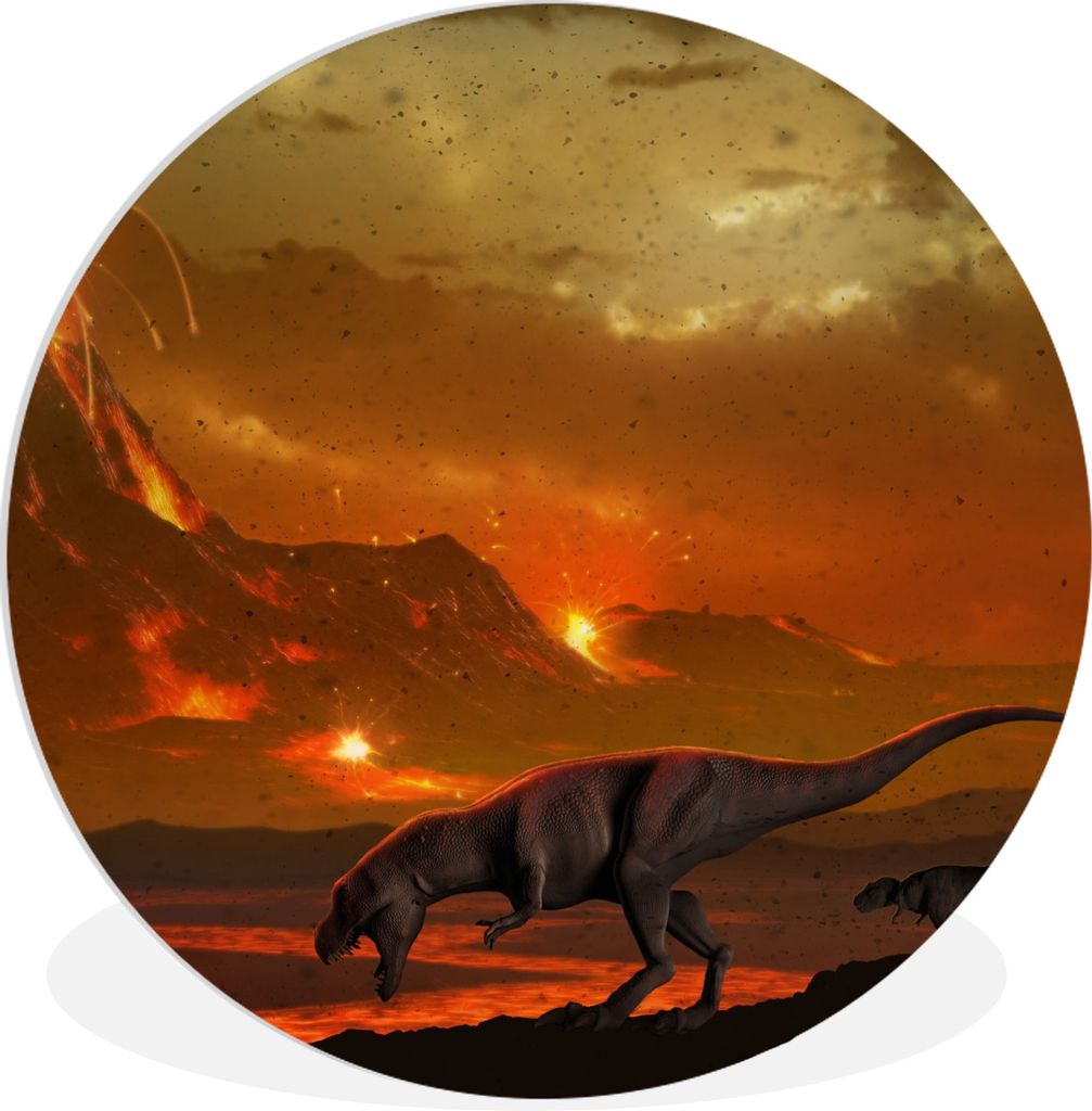 MuchoWow Rundes Wandbild - Runde Bilder Dino - Vulkan - Lava - Illustration - Jungen - Kinder Ø 60 cm Kreis Wanddekoration Kunststoff - Wandkrei...