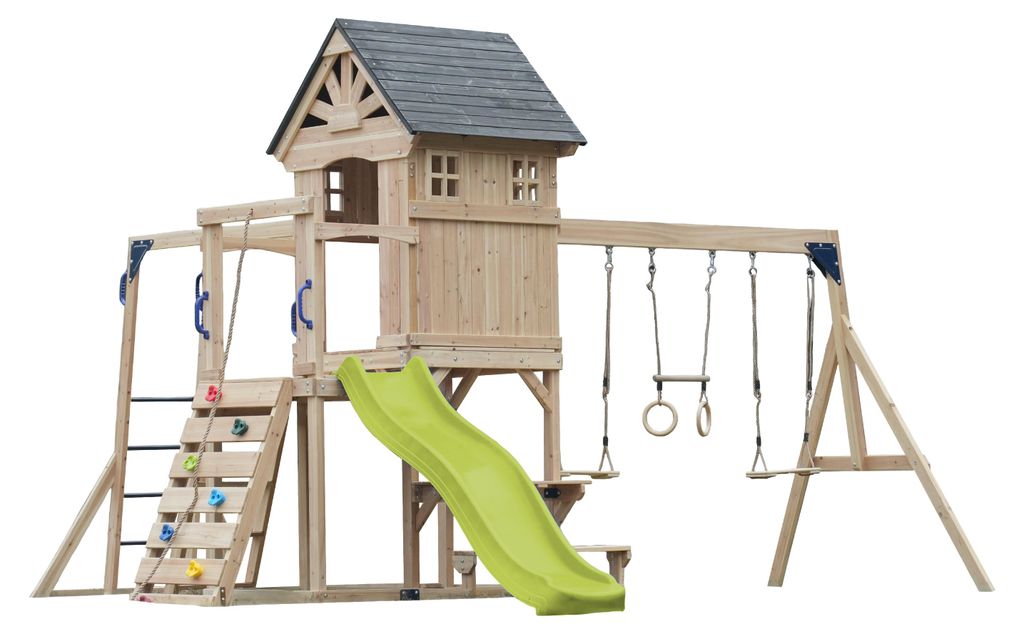 AXI Duncan Spielturm aus Holz mit 2 Schaukeln & Rutsche in Hellgrün | XXL Spielhaus / Spielplatz für Kinder mit Klettergerüst, Kletterstangen & ...