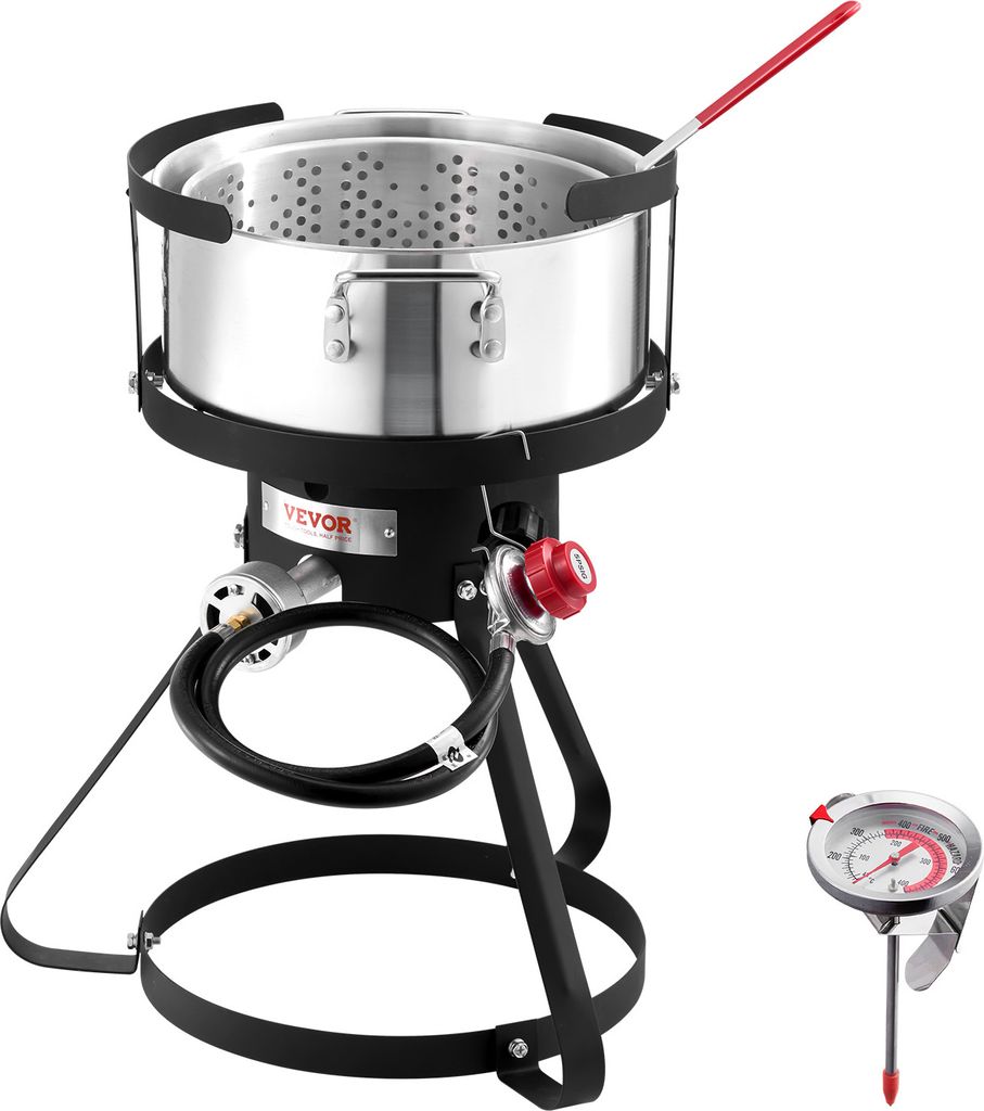 A deep fryer set with a propane burner and a thermometer.