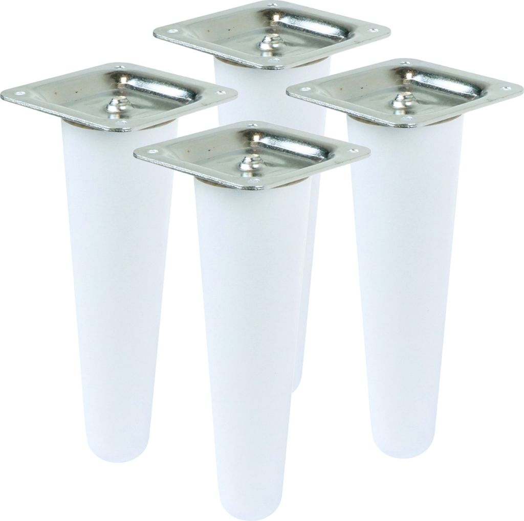 Four white furniture legs with silver mounting plates are arranged in a group against a white background.