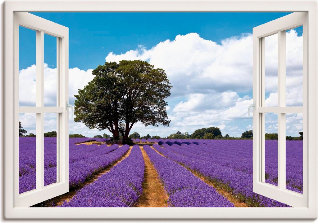 ARTland Leinwandbild Fensterblick Lavendelfeld im Sommer Größe: 100x70 cm