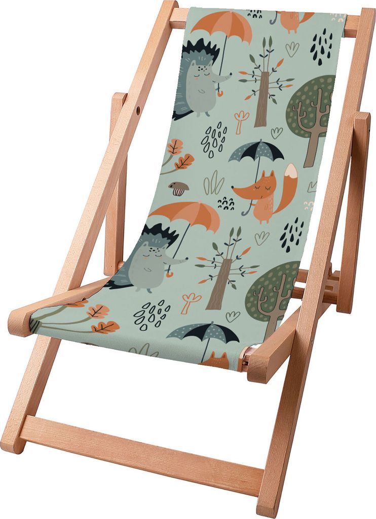 A wooden deck chair with a fabric seat featuring a whimsical forest animal print.