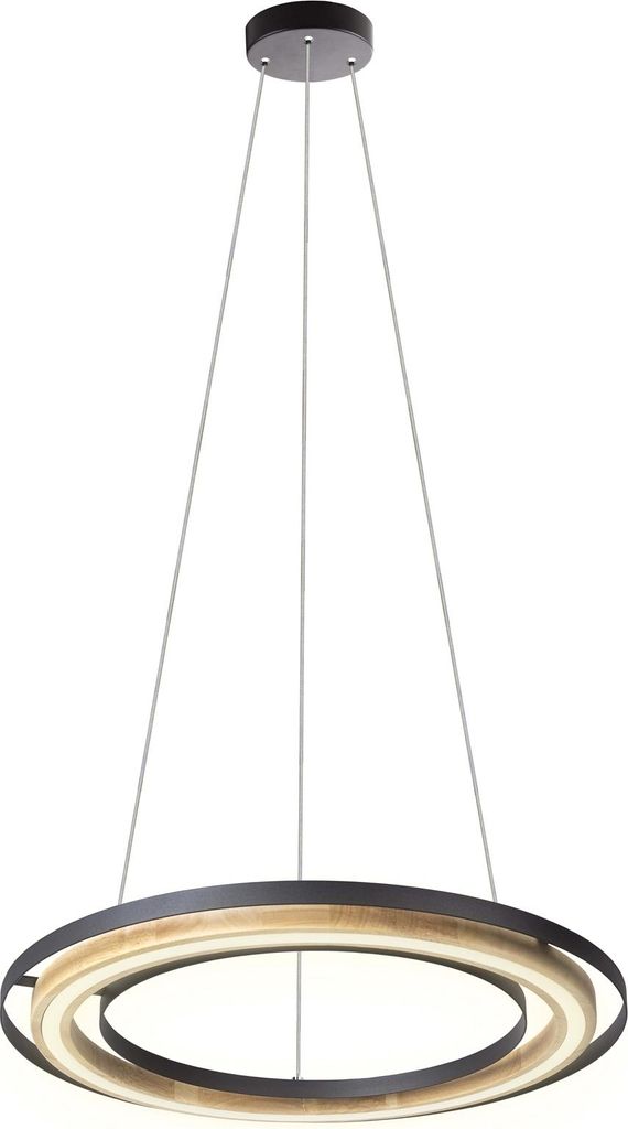 A modern pendant light with two interlocking rings, suspended from the ceiling.