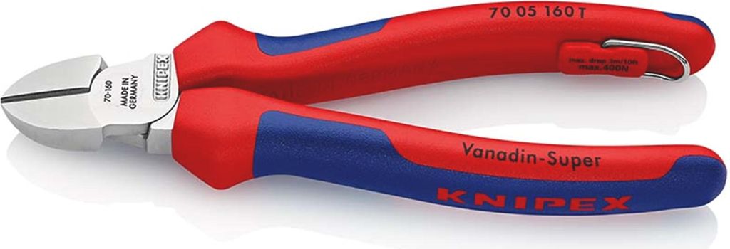 KNIPEX 70 05 160 T Seitenschneider mit Mehrkomponenten-Hüllen, mit integrierter Befestigungsöse zum Anbringen einer Absturzsicherung verchromt 16...
