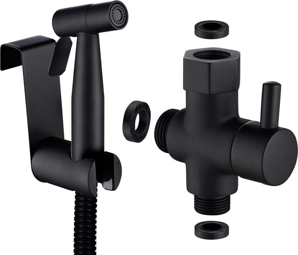 Handbrause Bidet Edelstahl WC-Duschset mit 3-Wege-WC-Ventil 3/8"-12/17 und 1,2 m Brauseschlauch, ideal für Wand-WC, Schwarz