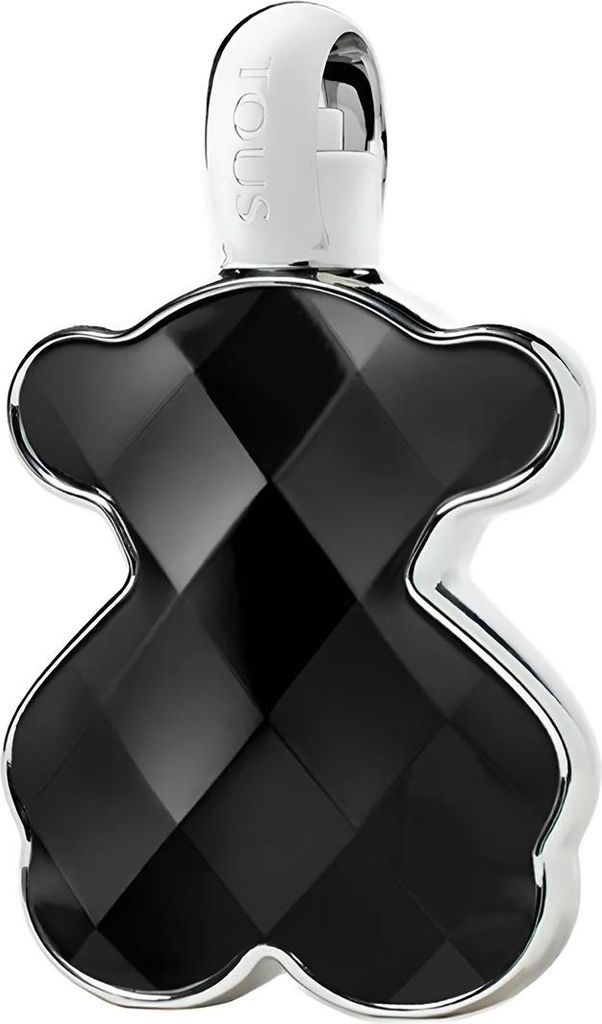 A black, faceted perfume bottle shaped like a teddy bear with a white cap.