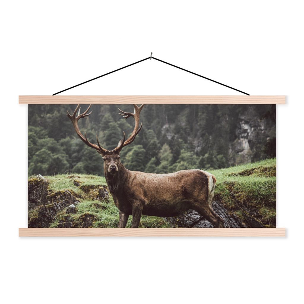 MuchoWow Textilposter Hirsch - Baum - Berg 120x60 cm mit holzfarbenen Rahmen - Klemmleiste
