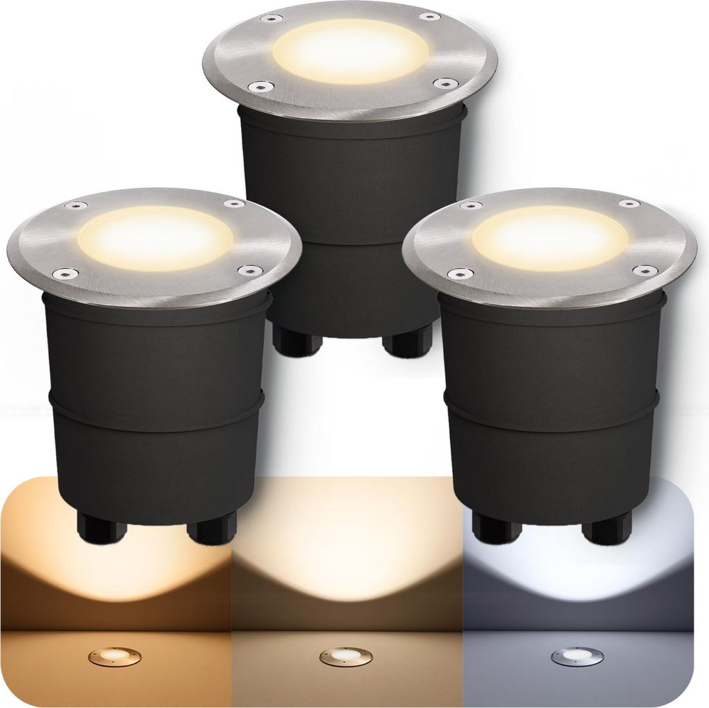 3er Set MARNE LED Bodeneinbaustrahler aussen GU10 - mit LED GU10 3W drei einstellbaren Lichtfarben 3CCT - Bodenspot rund IP67 befahrbar betretbar 230V