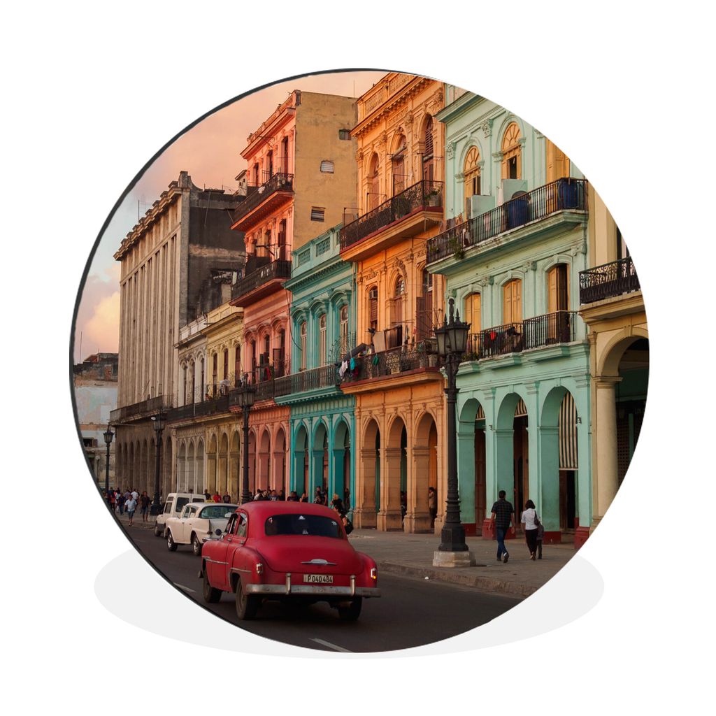 MuchoWow Aluminium Wandkreis Alte Autos vor Kubas bunten Gebäuden Ø 90 cm Wanddeko Modern Wohnzimmer - Mauerkreis - Wandbilder - Runde Bild - B...