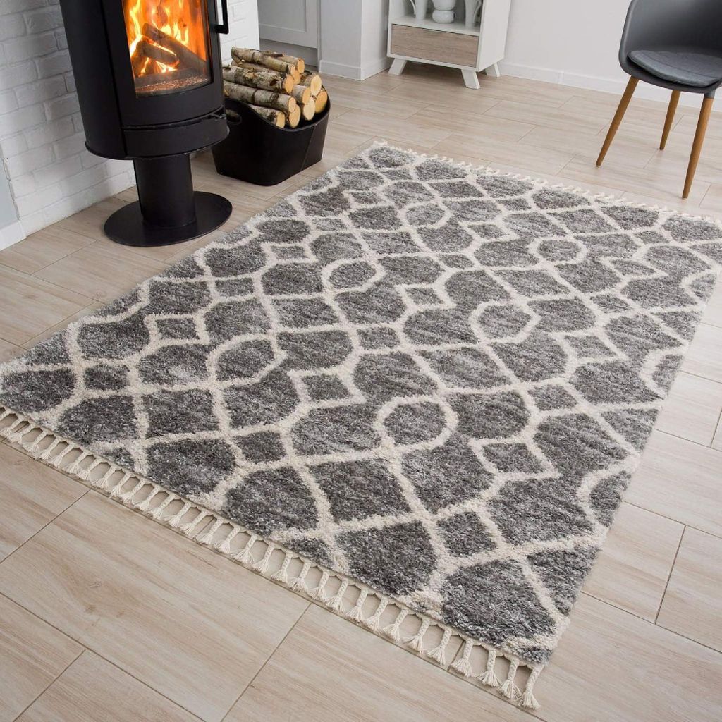 Teppich Wohnzimmer Schlafzimmer Grau Hochflor Langflor Fransen Boho Zig Zag Streifen 80 x 200 cm
