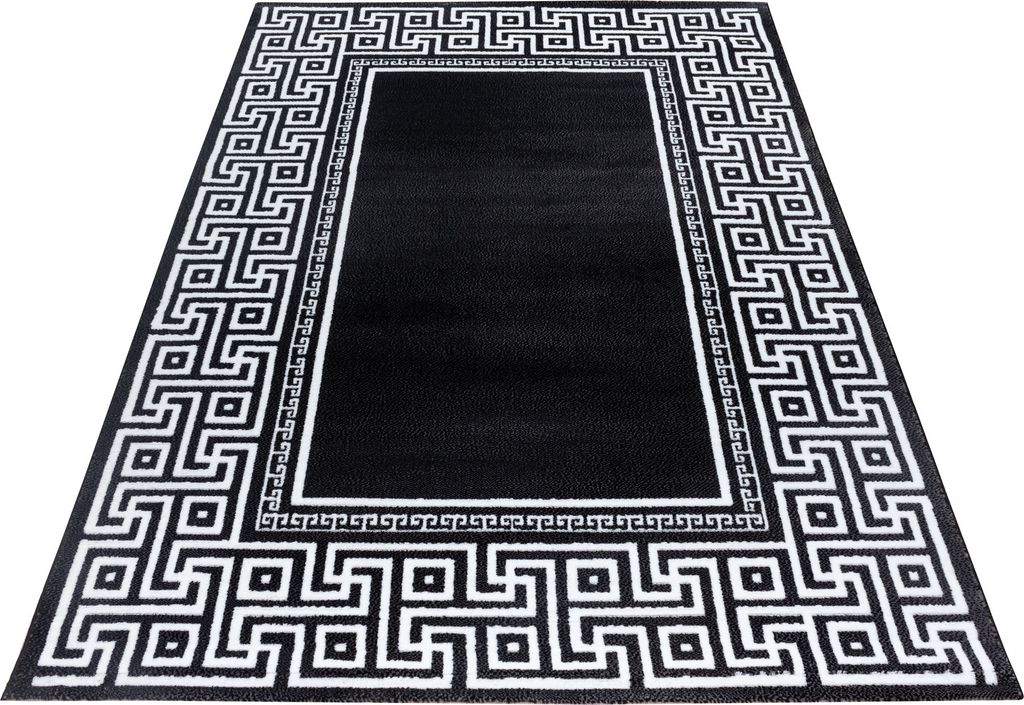 Kurzflor Teppich Wohnzimmer Schwarz 120x170 Rechteck Mäander-Design aus Polypropylen