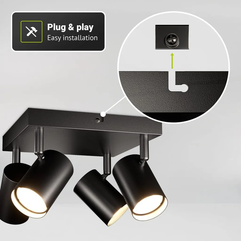 HOFTRONIC Plafonnier LED Noir 4 Spots GU10 Carré Orientable 35W - 8