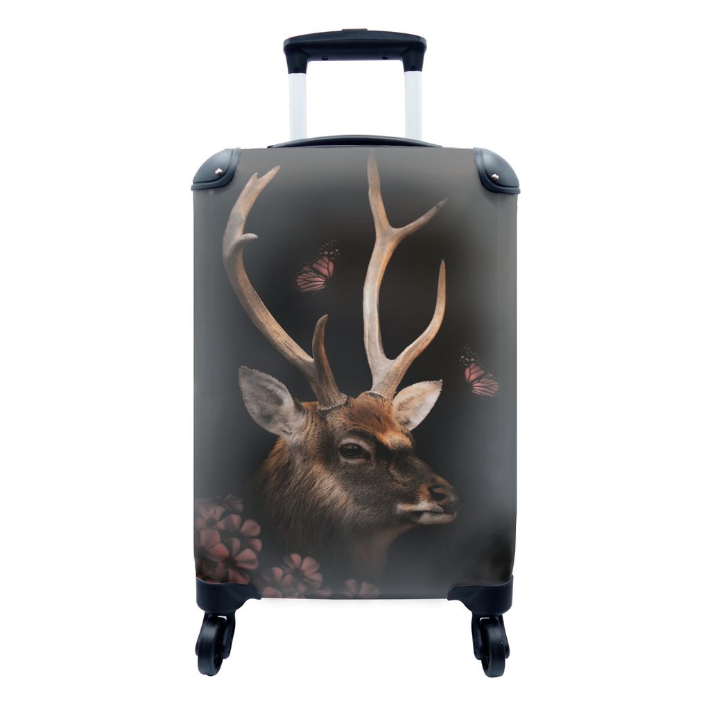 MuchoWow Koffer Handgepäck Trolley Rollkoffer Kleine Reisekoffer mit 4 Rollen - Hirsch - Dschungel - Schmetterling - Blumen - Cabin Size < 55x40...