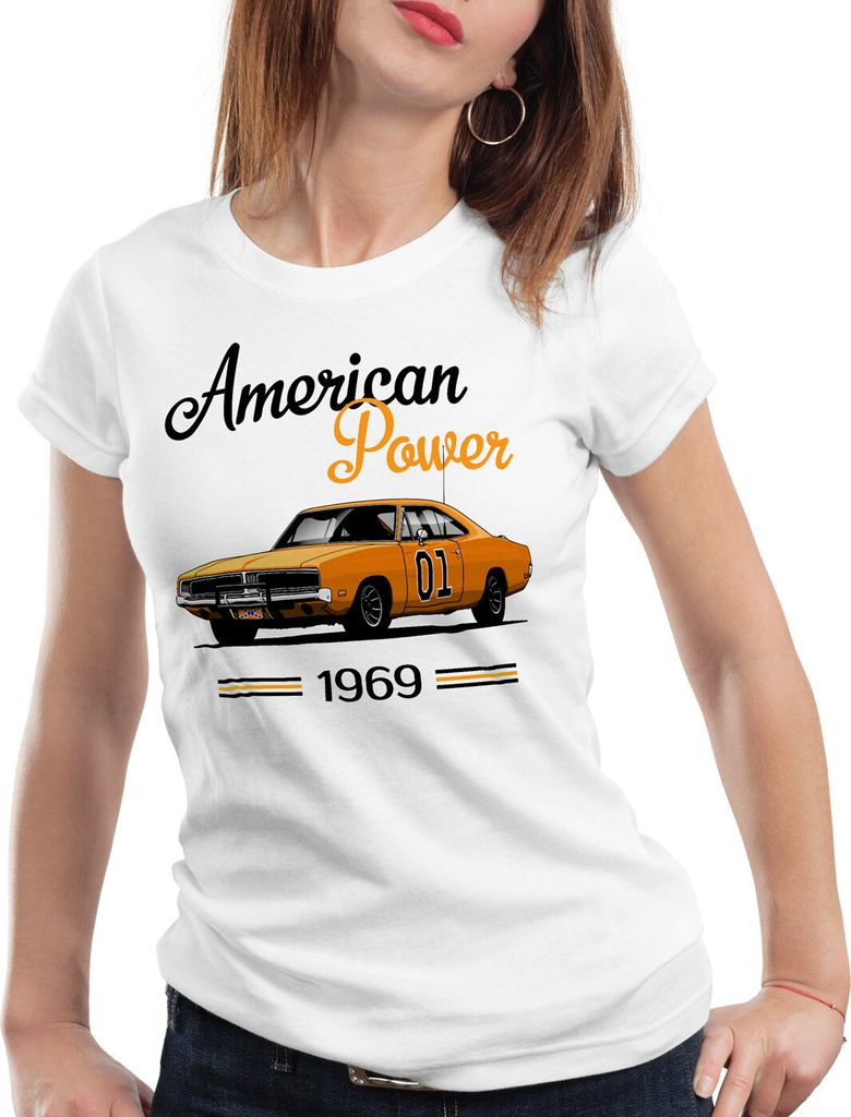style3 American Power Damen T-Shirt charger general lee muscle car, Farbe:Weiß, Größe:M