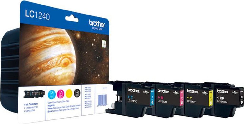 A package of Brother LC1240 ink cartridges with a picture of Jupiter on the front, and four individual ink cartridges lined up in front of it.