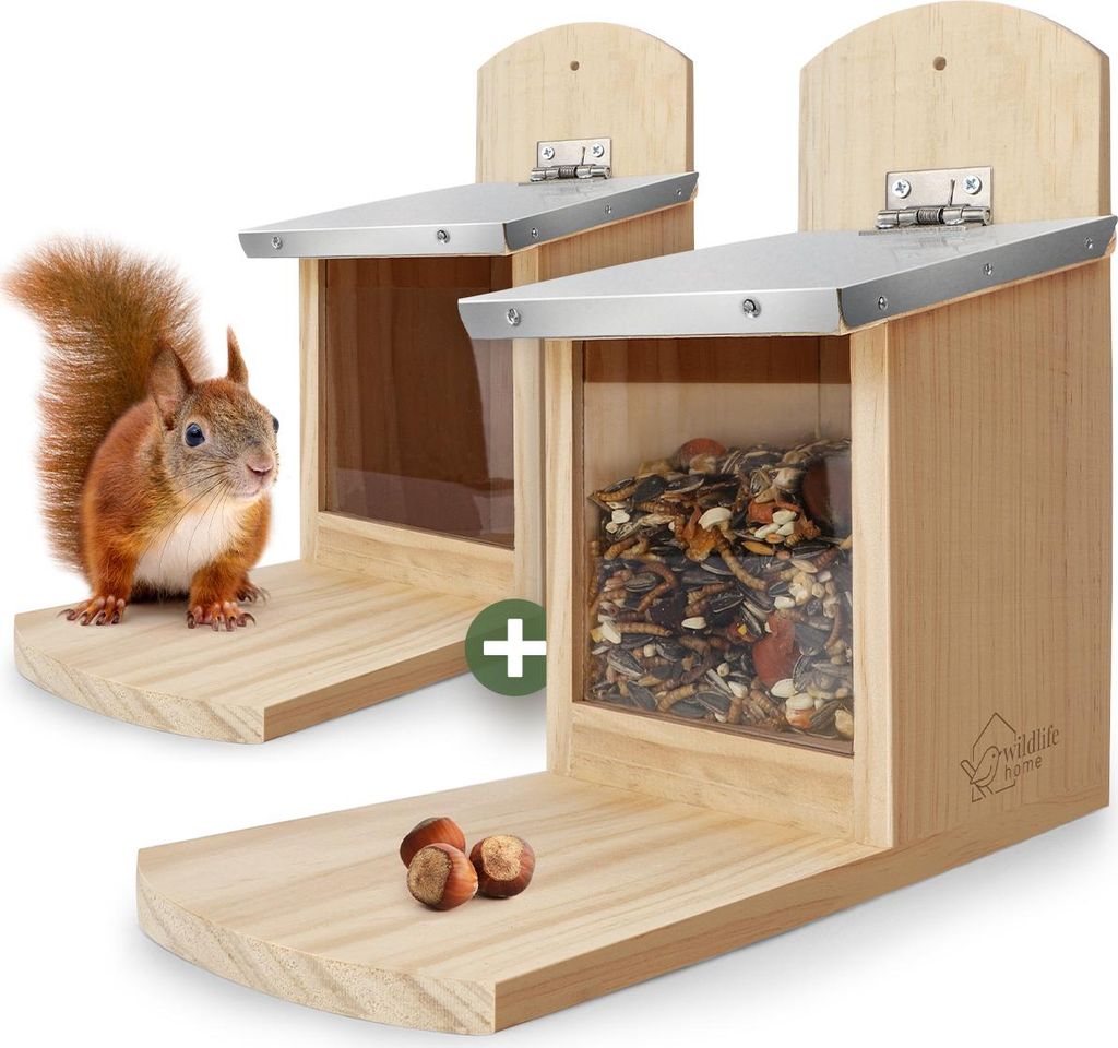 WILDLIFE HOME Eichhörnchen Futterhaus mit Metalldach 2 Stück I Futterstation aus verschraubtem Massiv-Holz I Wetterfest & Unbehandelt I Eichhörn...