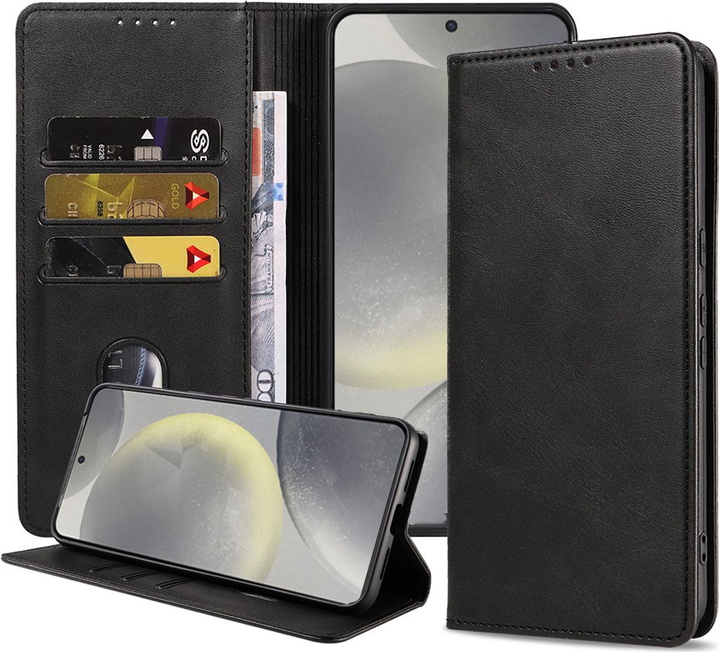 Smartphonica Handytasche passend für Samsung Galaxy S24 Kunstledertasche mit Magnetverschluss und Kartenhalter Buchhülle mit Klappe - Schwarz