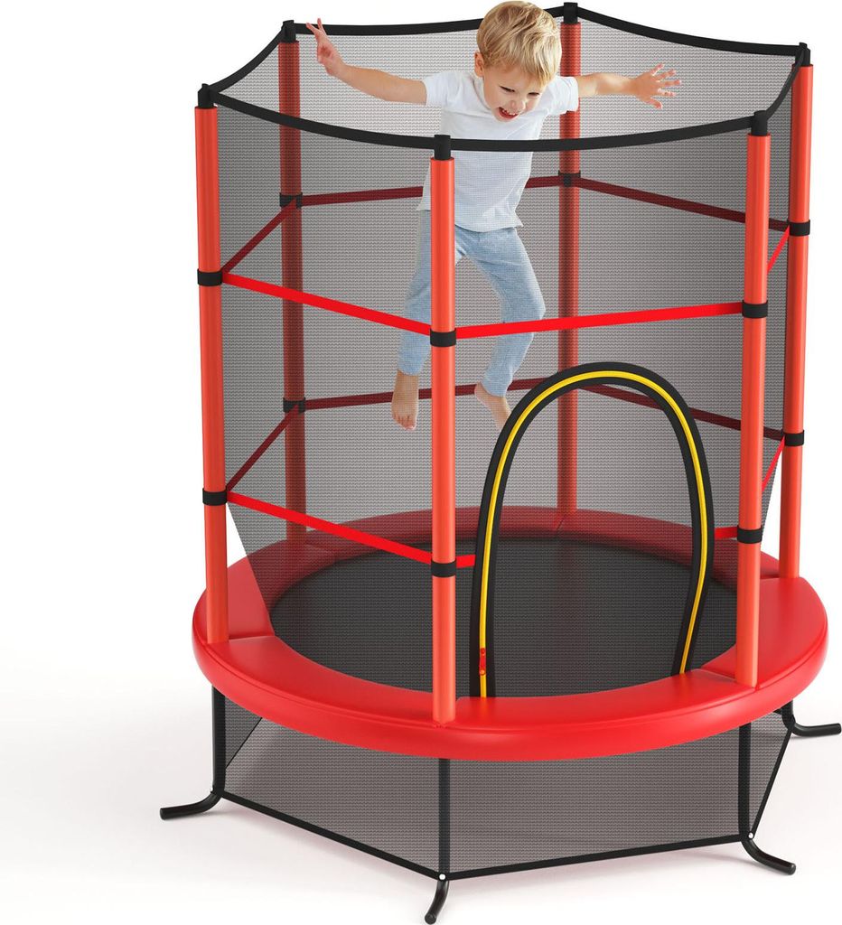 GOPLUS Ø165 x 191 cm Gartentrampolin, Kindertrampolin bis 135kg für Kinder ab 3, Outdoortrampolin mit Sicherheitsnetz, Rot