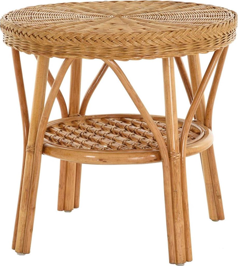 KRINES HOME Rattan-Tisch / Beistelltisch Rund / Couchtisch Rattantisch Ablage (Honig-Dunkel)