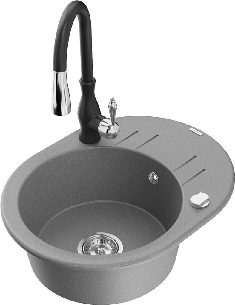 Mexen Kevin 1 Becken-Granitspüle mit Abtropffläche und Mischbatterie Savita, Grau - 6517-71-672601-70