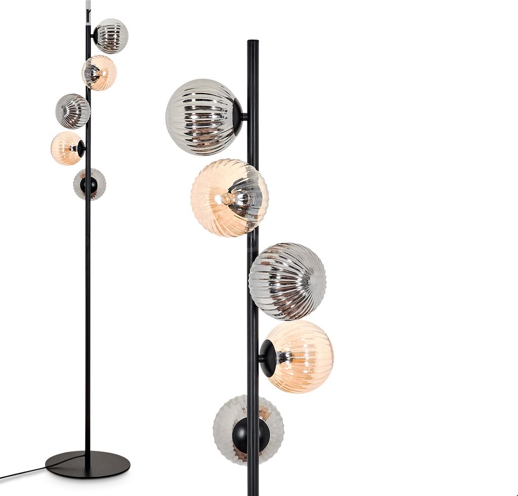 Garaguso Stehlampe aus Metall/Riffelglas in Schwarz/Rauch/Bernstein