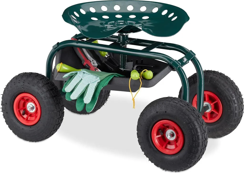Chariot de Jardin avec Assise et Coffre de Rangement Ergonomique