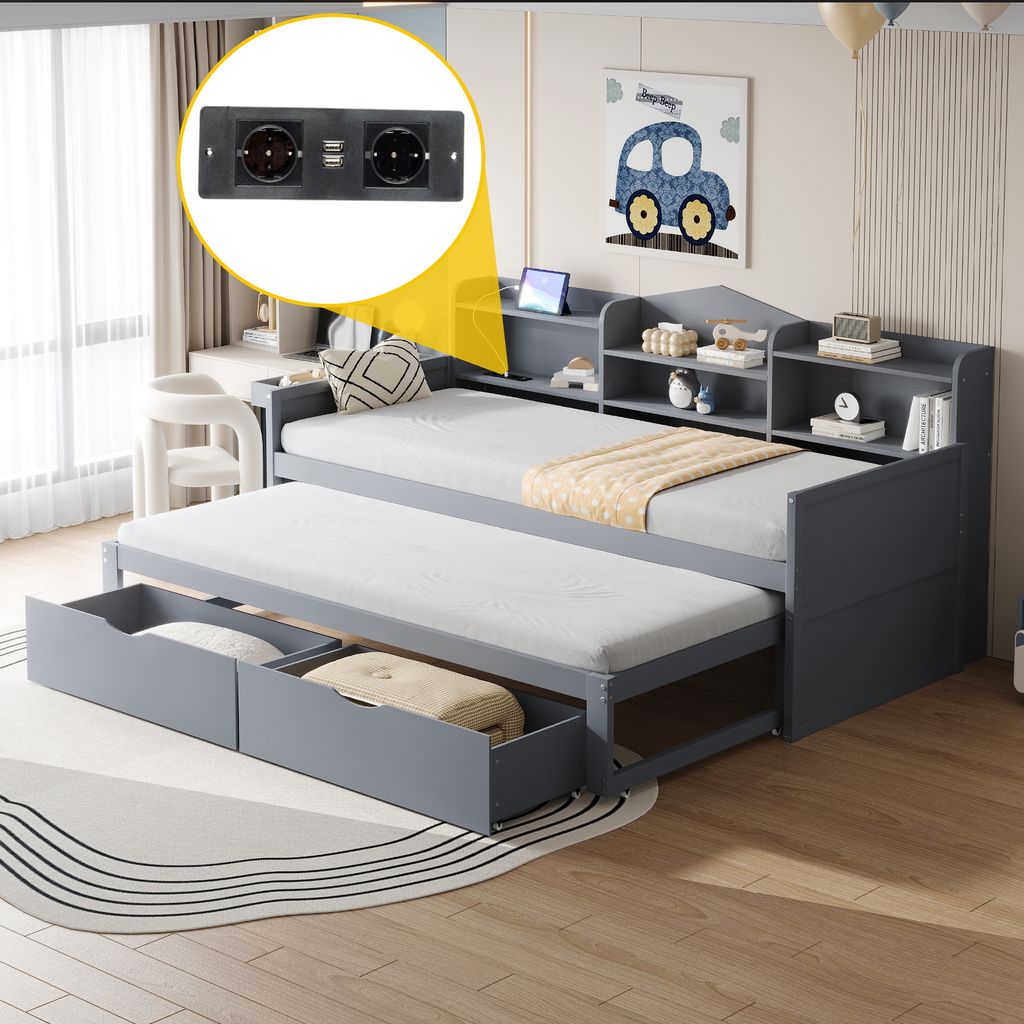 okwish Schlafsofa 90*200, Ausziehbett 90*190,Einzelholzbett, mit zwei Schubladen, großem Staufach und Ablagekorb, USB-Steckdose, Grau ,ohne Matratze