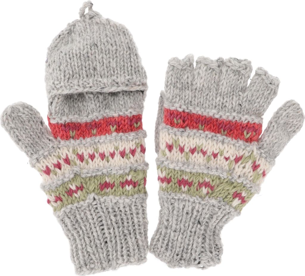 Handgestrickte Handschuhe, Klapphandschuhe Nepal, Wollhandschuhe - Hellgrau/rosa, Uni, Wolle, Handschuhe & Handstulpen