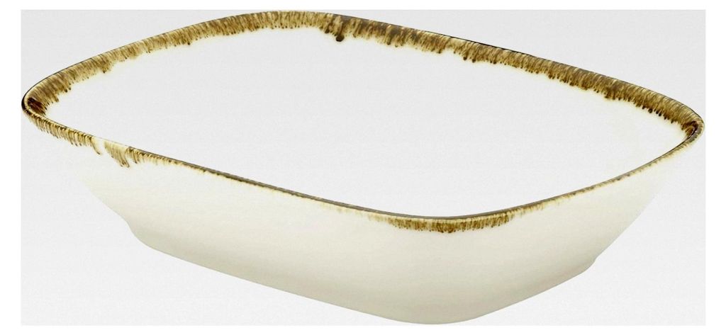 Servierteller, rechteckig, Porzellan, beige, 12 x 8,3 x 2,6 cm, dunkelbrauner Rand, mikrowellen- und spülmaschinengeeignet
