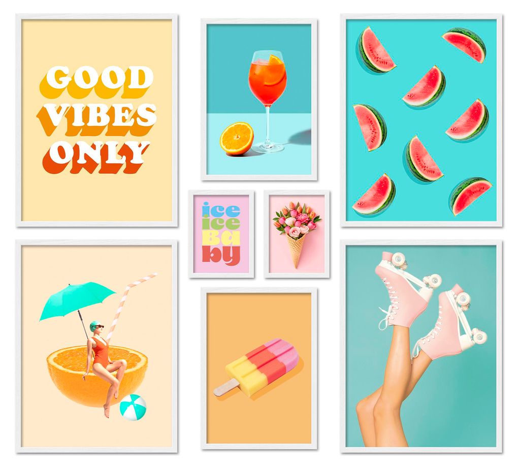 ARTFAVES Poster Set - Dopamine Summer I mehrteilige Bilderwand für Wohnzimmer, Schlafzimmer I Wandbilder Sommer I mit Rahmen Weiss