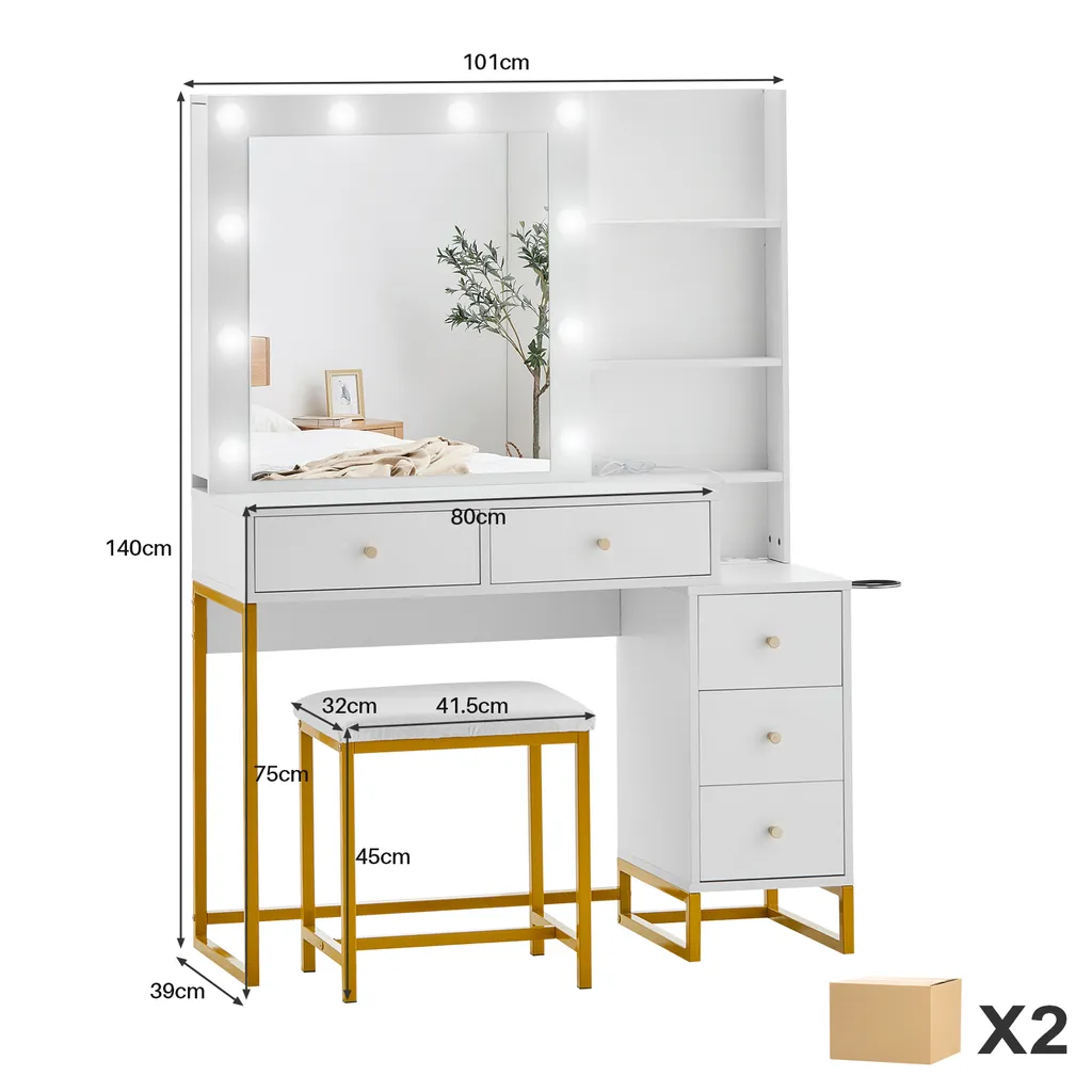 Coiffeuse CLIPOP blanche avec LED miroir et 5 tiroirs de rangement - 2