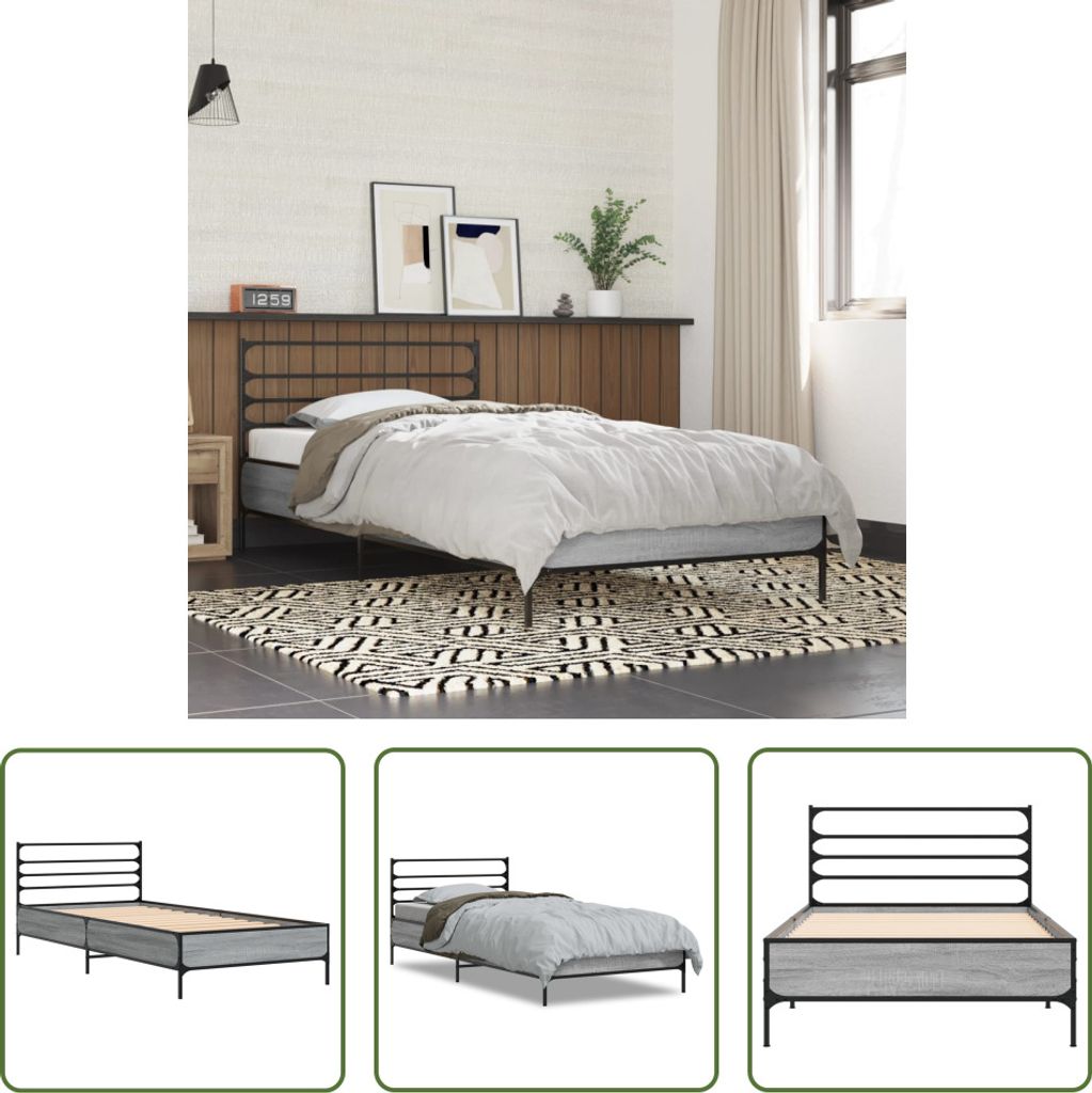 The Living Store Bettgestell Grau Sonoma 75x190 cm Holzwerkstoff und Metall