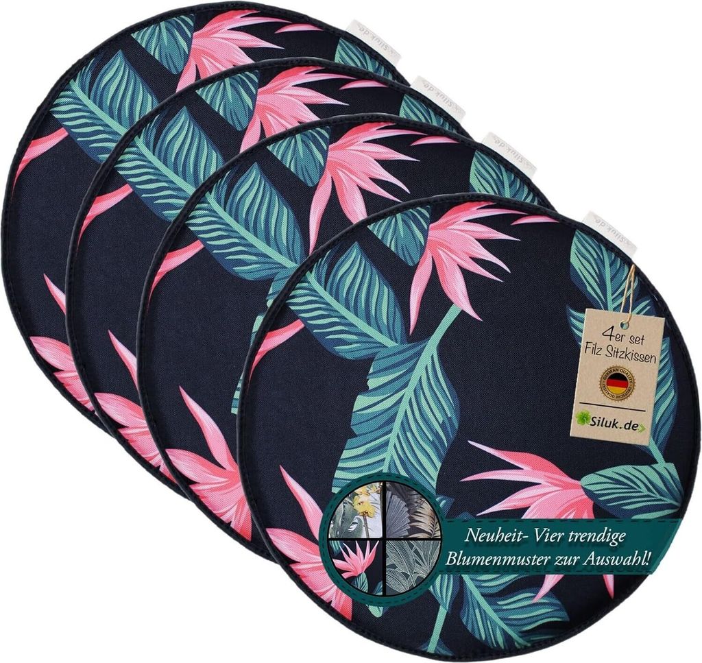 SILUK gemütliches Stuhlkissen Sitzkissen aus Filz Ø 36cm - Komfortable Waschbare - 4er Set Grau I Schwarz für Bank Stuhl (Blume - Rosa)