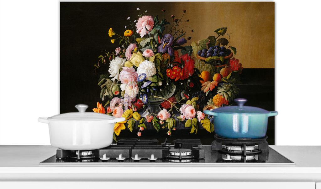 KitchenYeah Spritzschutz Küche - Küchenrückwand - Wandschutz für Herd und Spüle - Stilleben mit Blumen und Früchten - Kunstwerk - Alte Mei...