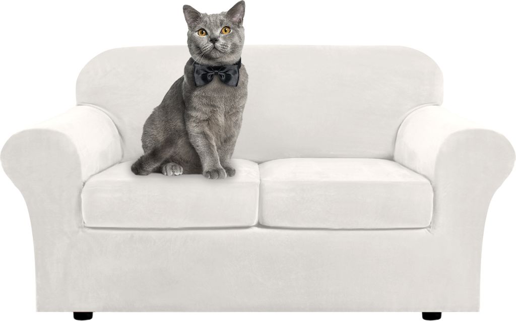 3 Stück Samt Stretch Sofabezug Loveseat Bezug Möbelschutz mit elastischem Boden Rutschfester Dicker waschbarer Sofabezug(2 Sitzer,Weiß)