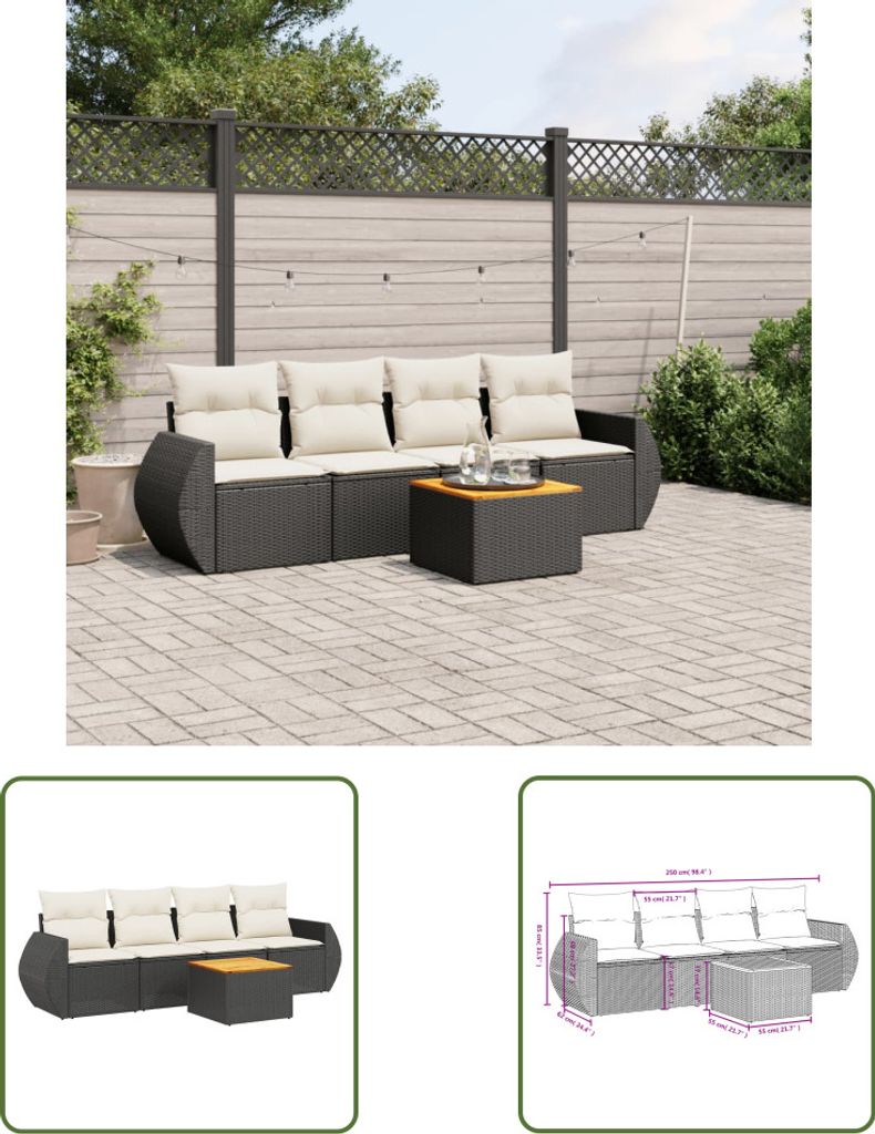 The Living Store 5-tlg. Garten-Sofagarnitur mit Kissen Schwarz Poly Rattan